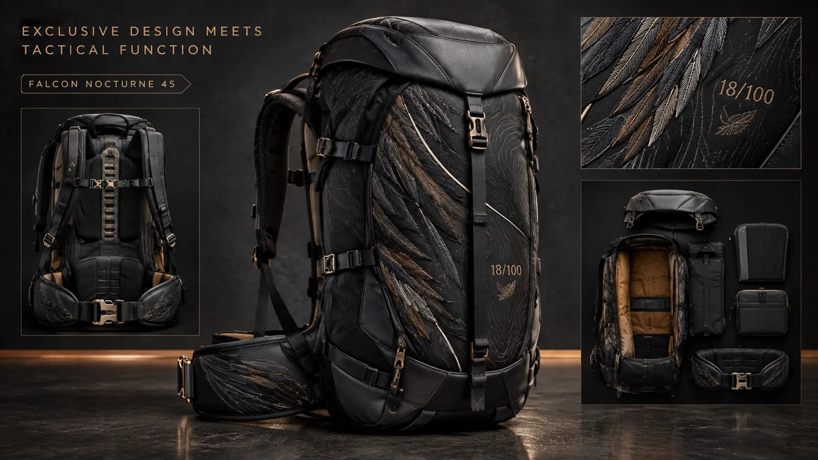 Black backpack with gold feather embroidery, edition number 18/100